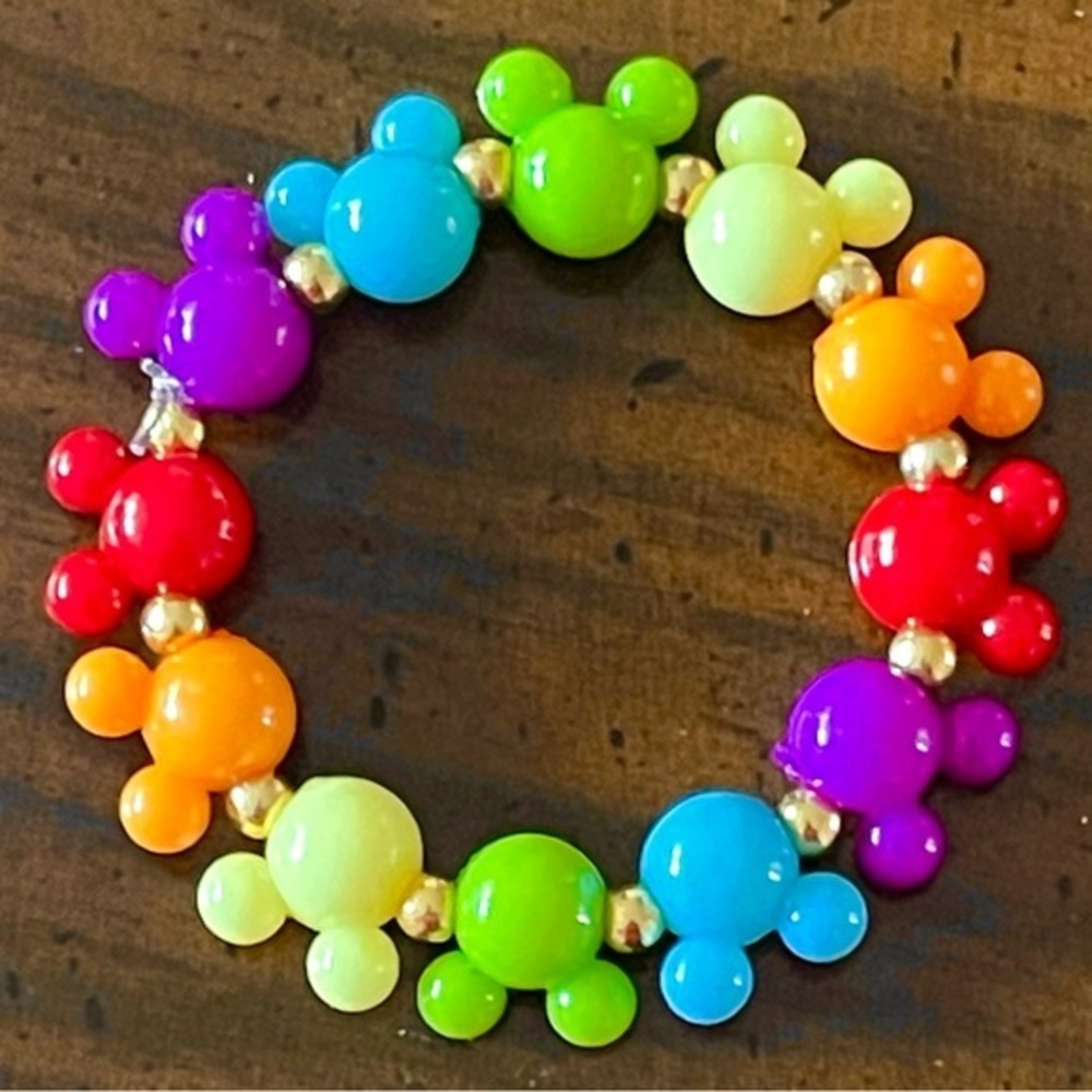 Stretch Bracelet w/ Rainbow Mickey Mouse Charms & Gold Beads!